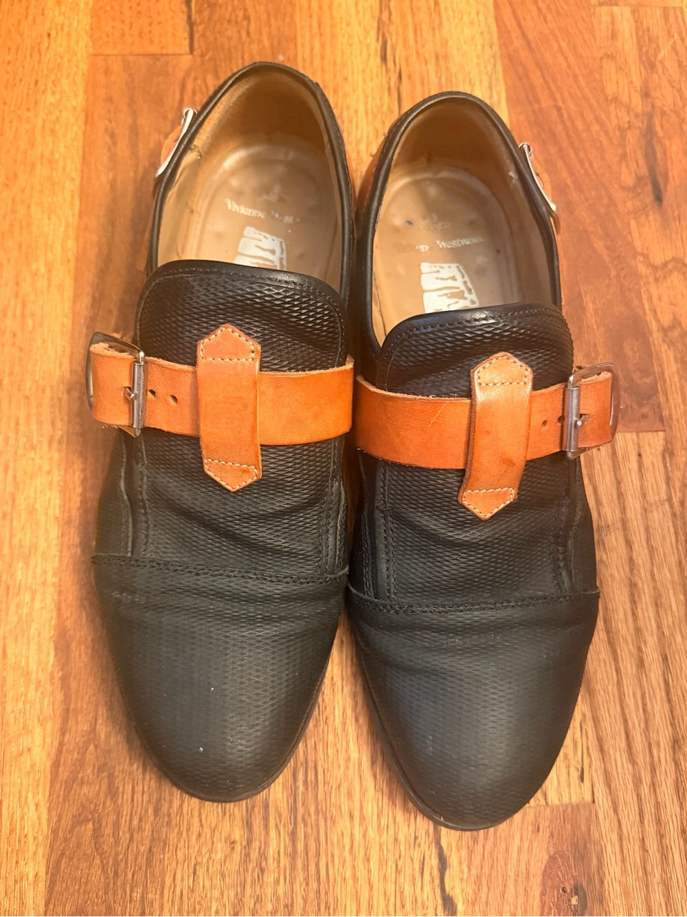 Vivienne Westwood Black and Tan Leather Monk Strap Oxfords
